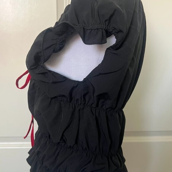 Unbranded Black Red Front Tie V-Neck Short Sleeve Crop Top Shirt Size Small - Picture 4 of 5